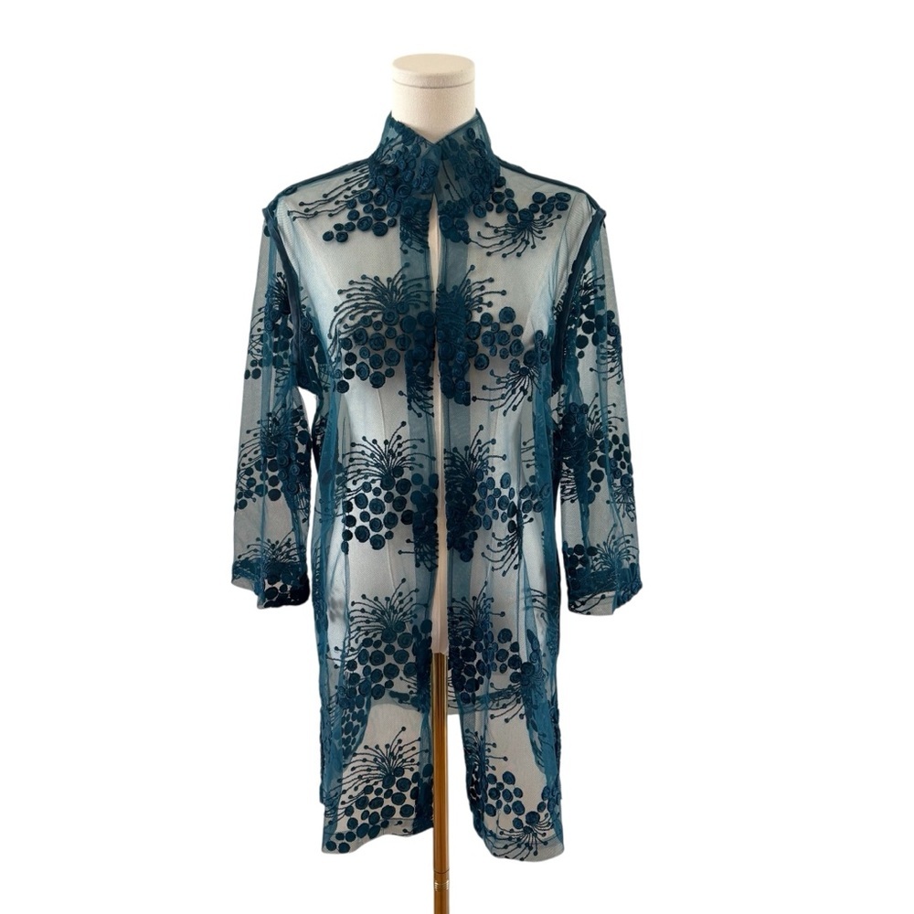 Women's L/XL Dark Teal Sheer Applique Tunic Whimsy 3/4 Sleeve Overlay Top FLAW